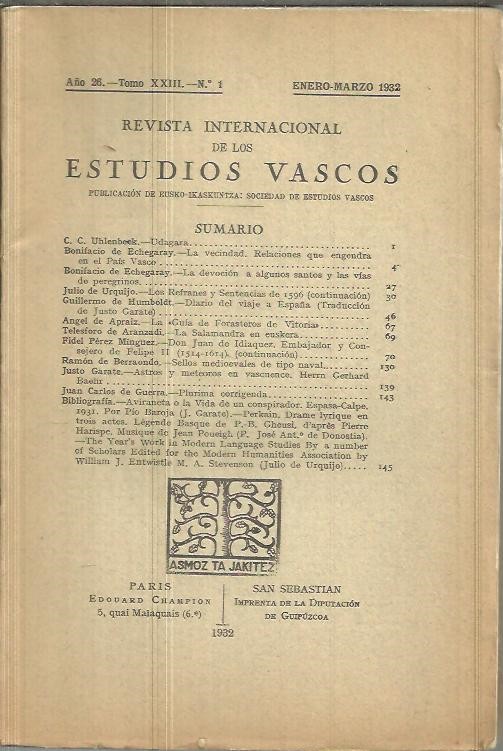 REVISTA INTERNACIONAL DE LOS ESTUDIOS VASCOS. AO 26. TOMO XXIII. N.1.