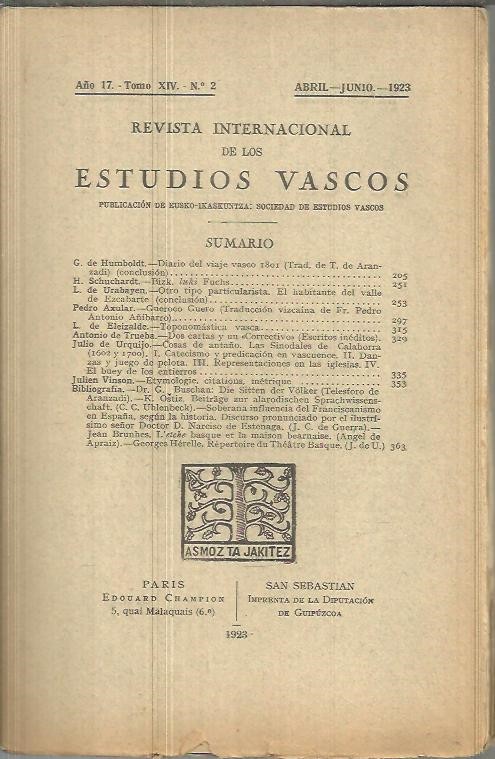 REVISTA INTERNACIONAL DE LOS ESTUDIOS VASCOS. A�O 17. TOMO XIV. N.2.