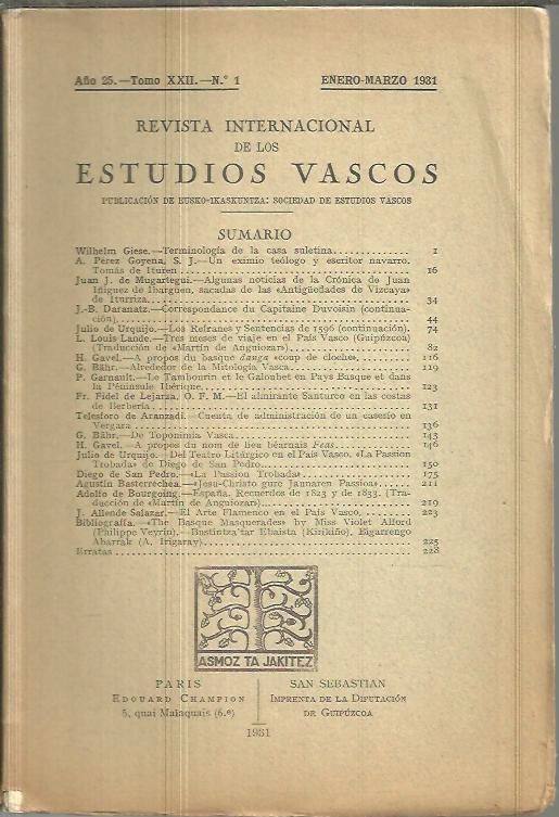 REVISTA INTERNACIONAL DE LOS ESTUDIOS VASCOS. A�O 25. TOMO XXII. N.1.