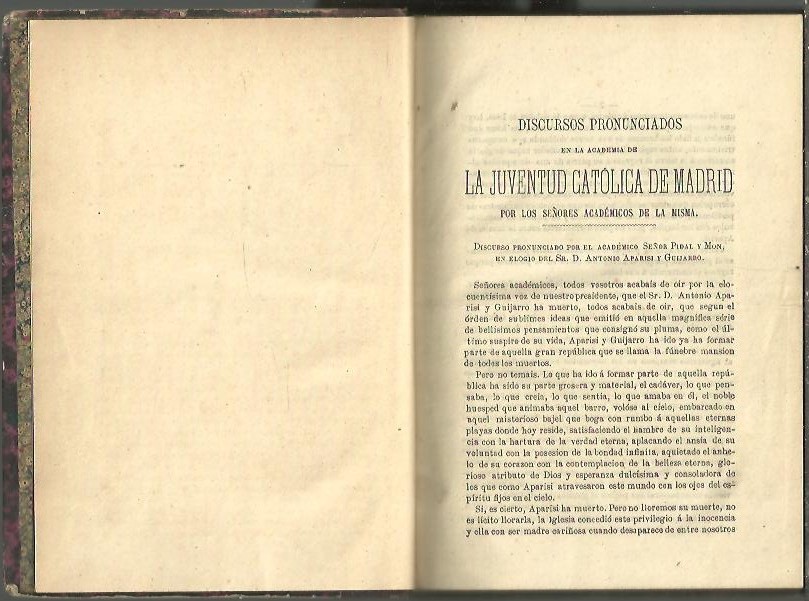 DISCURSOS PRONUNCIADOS EN LA ACADEMIA DE LA JUVENTUD CATOLICA DE MADRID.