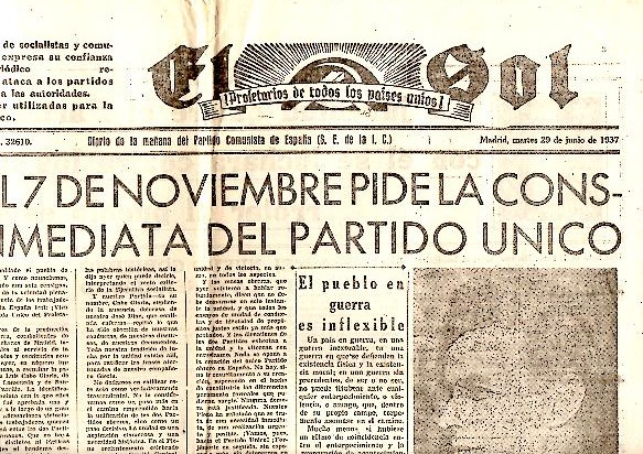 EL SOL. DIARIO DE LA MA�ANA DEL PARTIDO COMUNISTA DE ESPA�A. A�O I. N. 26. 29-JUNIO-1937.